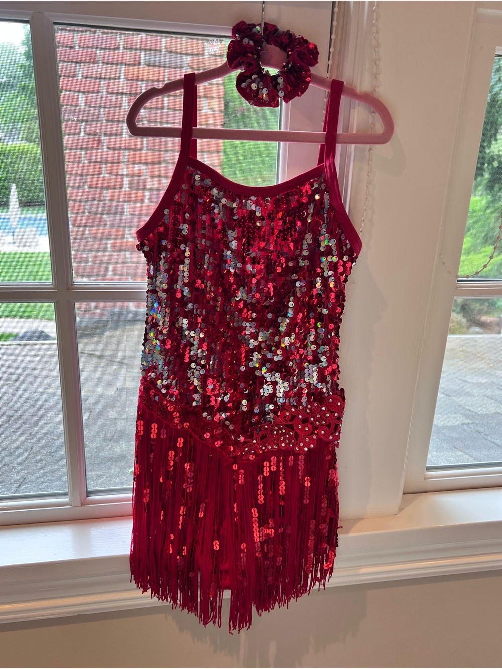 Weissman Red Sequin Fringe Dance Dress with Matching Scrunchie